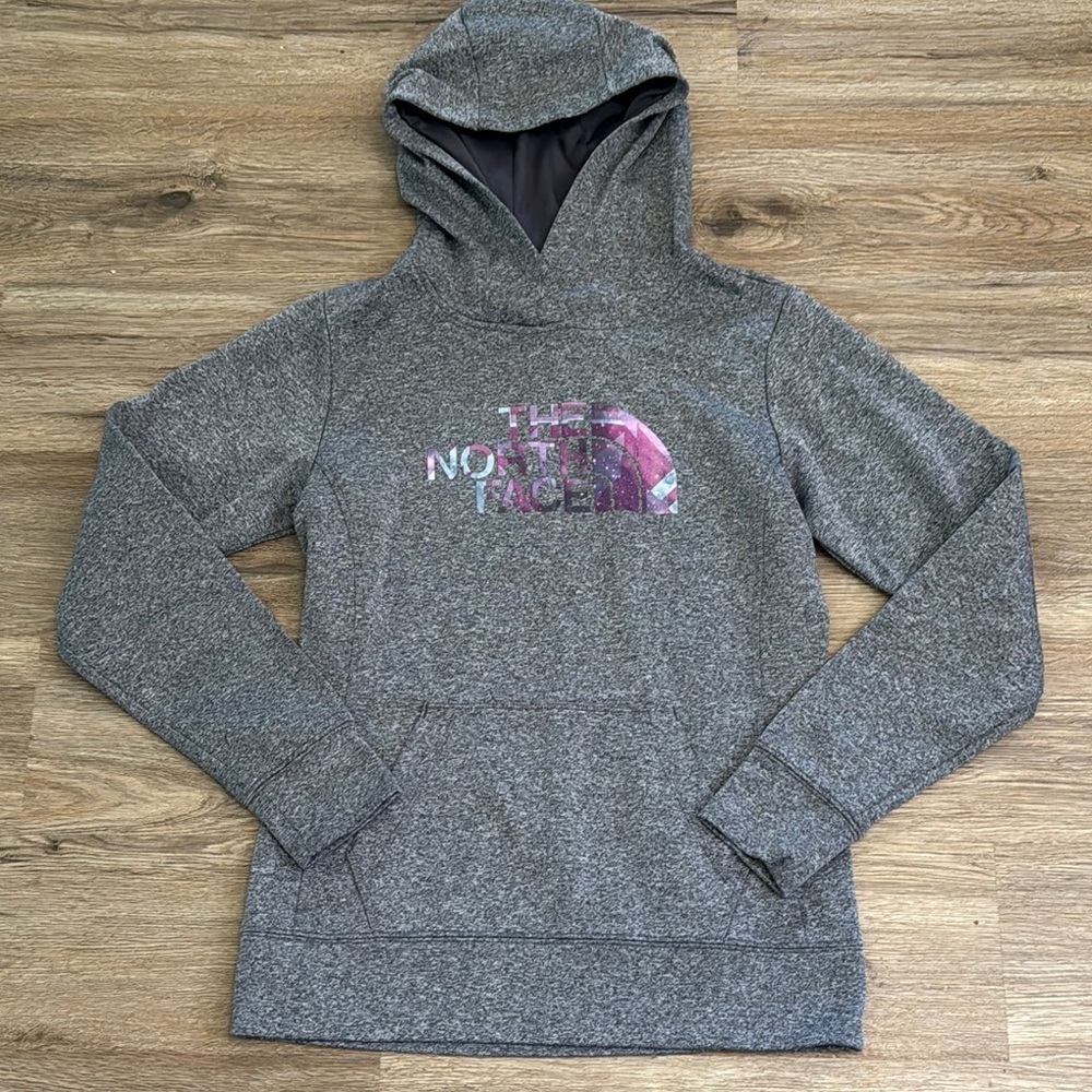 The North Face Heather Gray Hoodie with Pink Logo